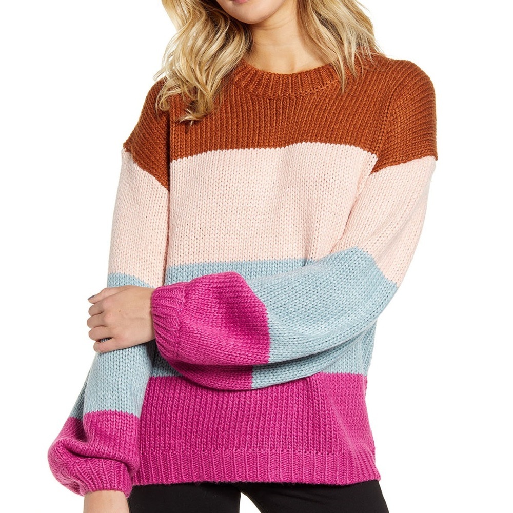 MINKPINK Colorblock Chunky Knit Sweater RUST Pale Pink, Light Blue, Fuchsia SZ S